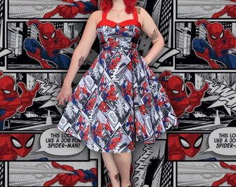 Spider-Man Comic book Multiverse print 50's style Halter neck dress Shirred and Zip back dress, Fit and flare dress, with Pockets