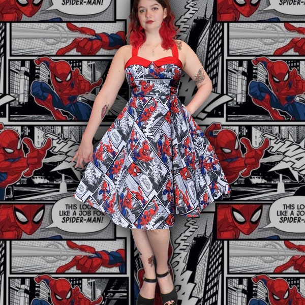 Spider-Man Comic book Multiverse print 50's style Halter neck dress Shirred and Zip back dress, Fit and flare dress, with Pockets