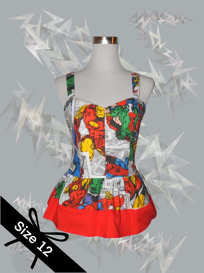 Shirred elastic back- Size 12 Red peplum White Marvel Avengers comic print Women\u2019s top