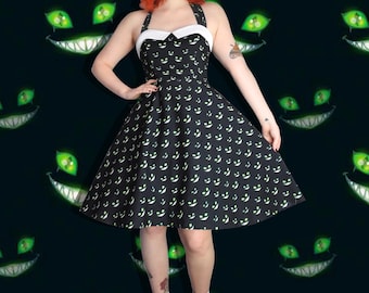 Cheshire Cat Sabrina Print 50's style Halter neck dress Zip and Shirred elastic back dress, Fit and flare dress, Spring/Summer dress