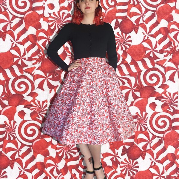 Candy-cane Christmas Red Print Full skirt Skater skirt with pockets, Skirt with zip, Elasticated waist skirt