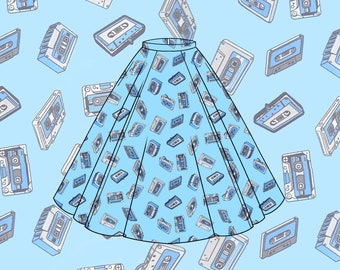 Cassette tape vintage retro comic print Full skirt Skater skirt with pockets, Skirt with zip, Elasticated waist skirt
