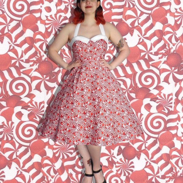 Candy-cane Christmas Red print 50’s style Halter neck dress Zip and Shirred elastic back dress, Fit and flare dress, Spring/Summer dress