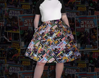 Star Wars vintage Luke Skywalker Darth Vader comic print Full skirt Falda skater con bolsillos, Falda con cremallera, Falda con cintura elástica