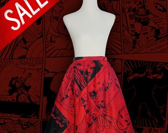 Red Marvel comic book print Skater skirt fixed waist skirt & zip size small 20" length