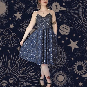 Navy and cream Sun and Moon Celestial star print tie strap dress V neck Shirred and Zip back dress, Fit and flare dress, Spring/Summer dress