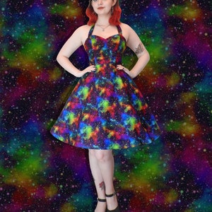 Galaxy rainbow star space print 50's style Halter neck dress Shirred and Zip back dress,Fit and flare dress,Spring/Summer dress with pockets