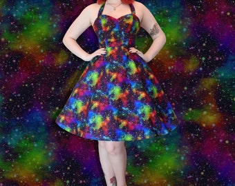 Galaxy rainbow star space print 50's style Halter neck dress Shirred and Zip back dress,Fit and flare dress,Spring/Summer dress with pockets