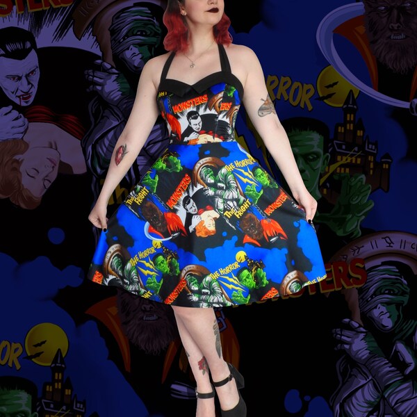 Horror Classic monsters Halloween Frankenstein Dracula print 50’s style halter neck  elastic zip, Fit and flare dress with pockets