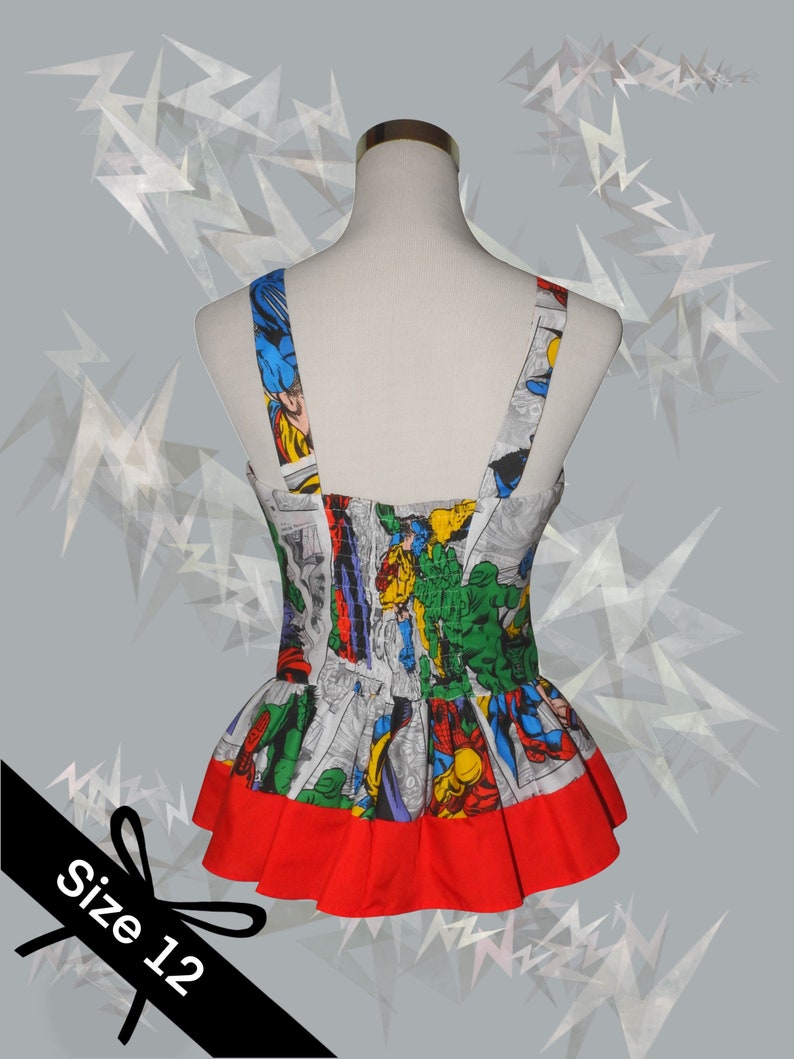 Shirred elastic back- Size 12 Red peplum White Marvel Avengers comic print Women\u2019s top