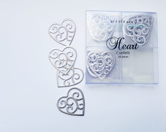 Filigree Silver Heart Wedding Table Confetti, Bling and Glam Metallic Foil Large Hearts Table Scatter, Boxed 24 Piece Wedding Table Decor