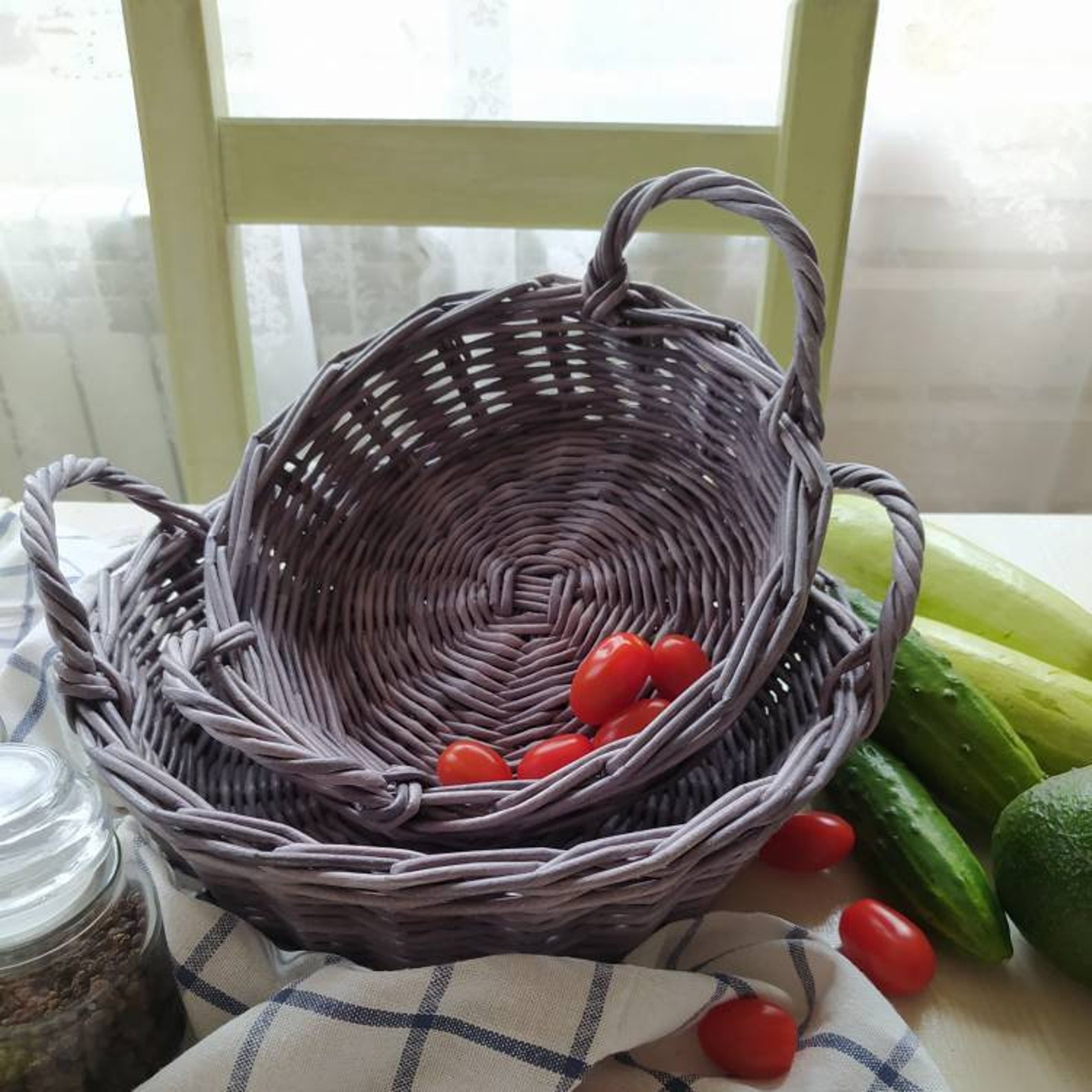 Set of 2 Shallow Basket Grey Wicker Basket With Handles Etsy