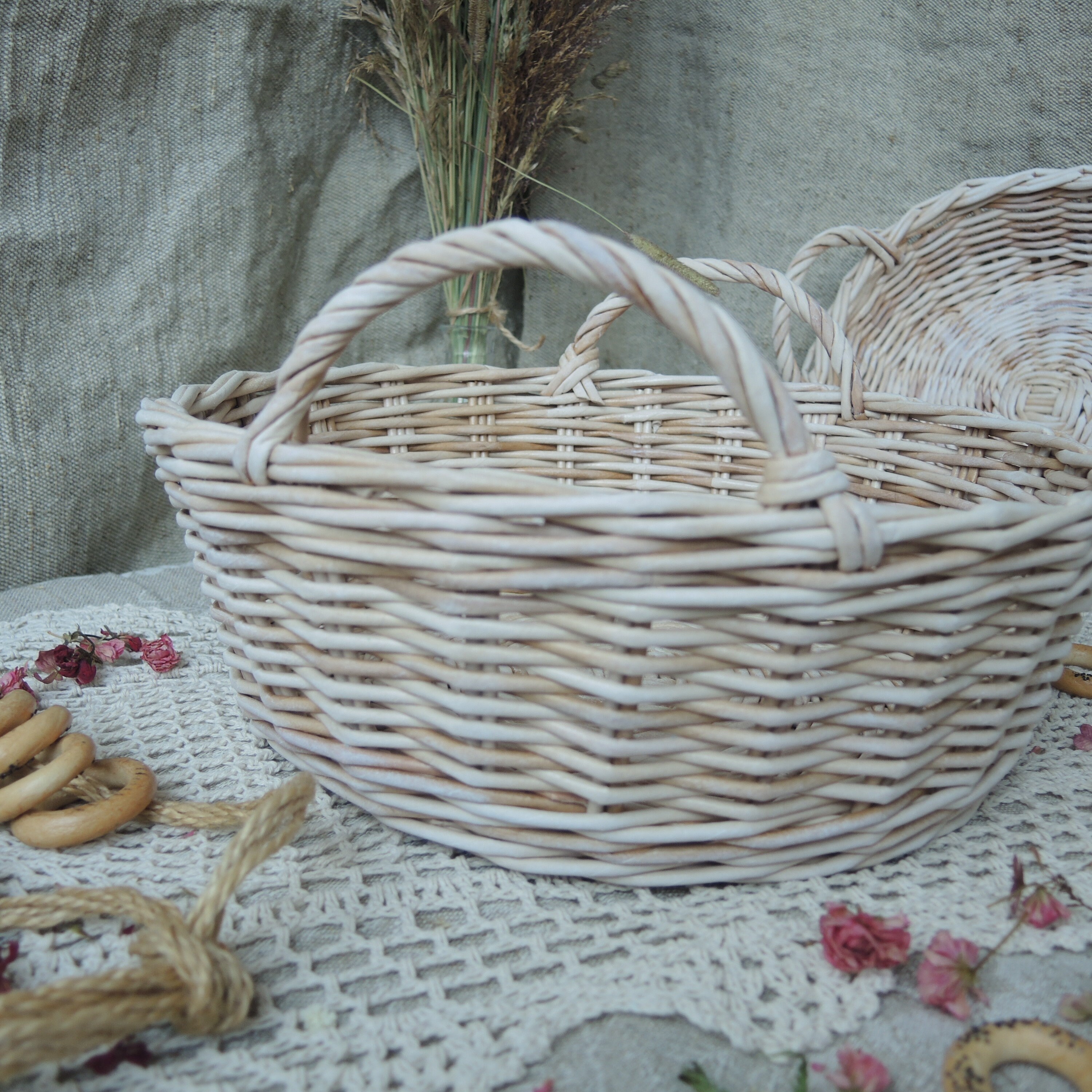 Round Wicker Lined Basket With Handles Set 2 Storage With Etsy