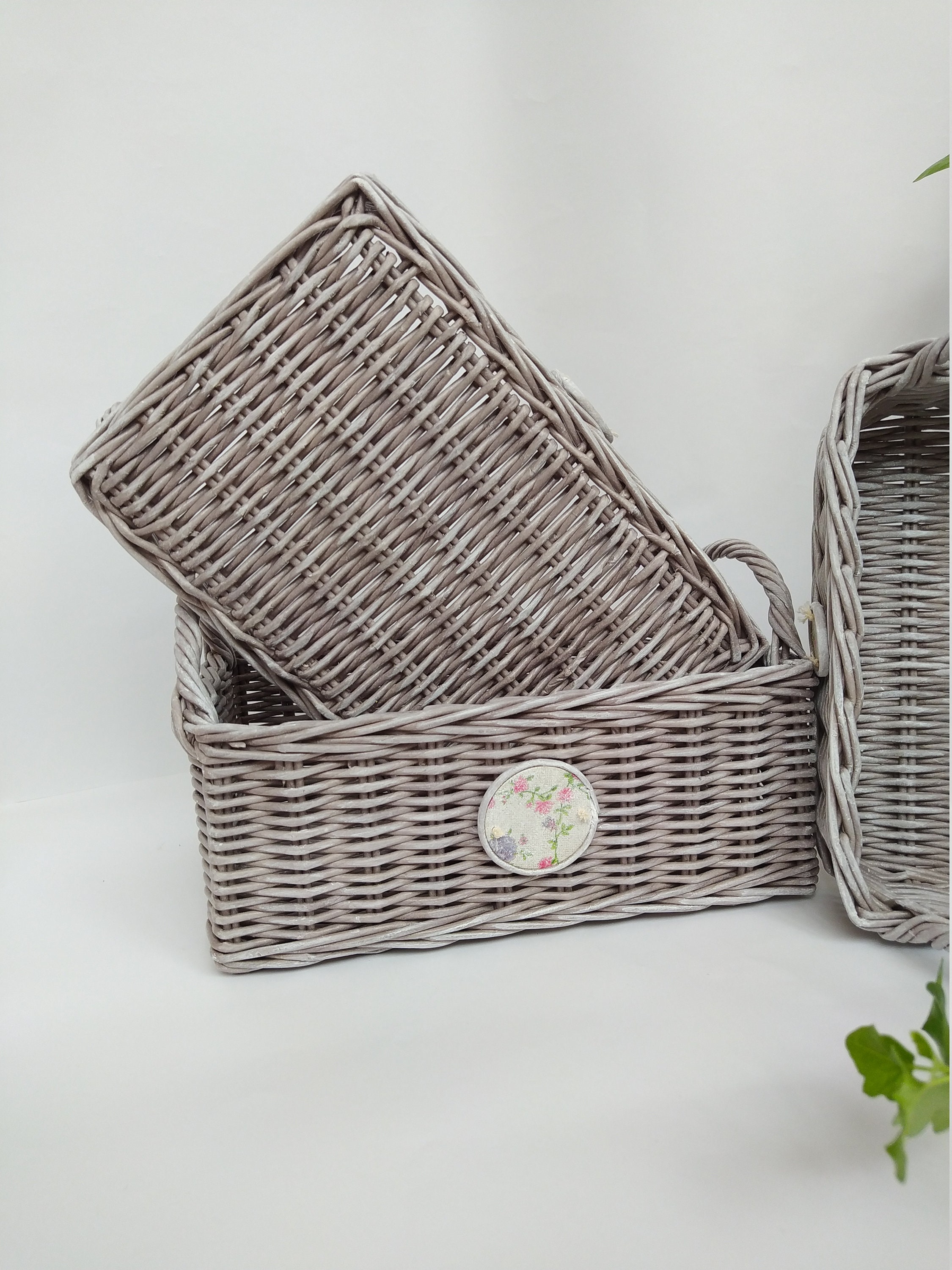 Set of 3 Wicker Rectangular Basket With Handles For Storage Etsy