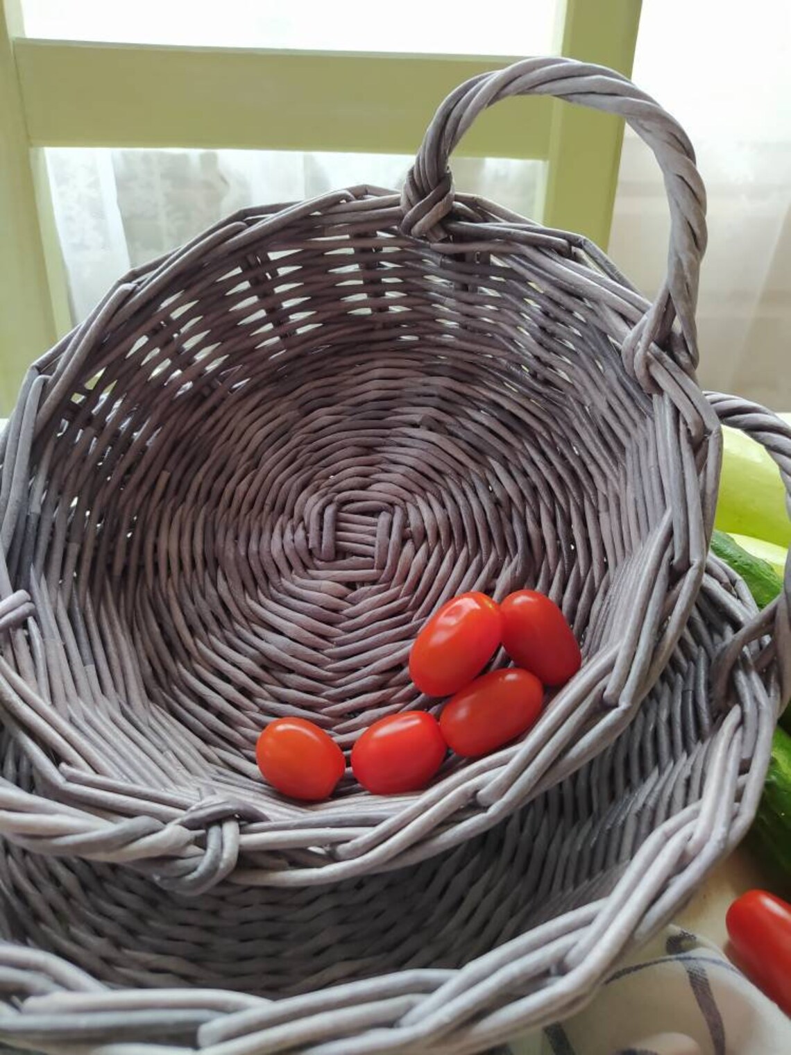 Set of 2 Shallow Basket Grey Wicker Basket With Handles Etsy