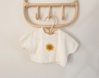 LAST ONE size 00 Cotton Terry Towelling Crop baby tshirt, kids crop Tshirt, crop sunflower tee, sunflower tee, embriodered T