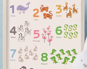 Educational Art • Animal themed playroom, animal lover gift, Learn to count