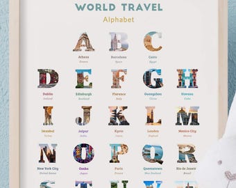 Alphabet Print Nursery Decor • Travel alphabet, Adventure themed playroom, Alphabet poster • travel themed nursery, 1st birthday gift
