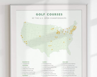 US Open Golf Course Map • map of top golf courses, minimalist golf decor, mid century golf poster, modern golf art • perfect gift for golfer