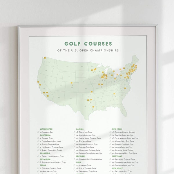 US Open Golf Course Map • map of top golf courses, minimalist golf decor, mid century golf poster, modern golf art • perfect gift for golfer