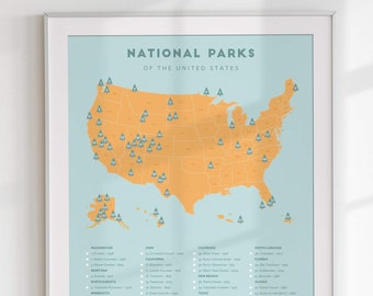 Vintage National Park map • National parks checklist, Retro wall art, National Park vintage poster, nature theme decor • unique wedding gift