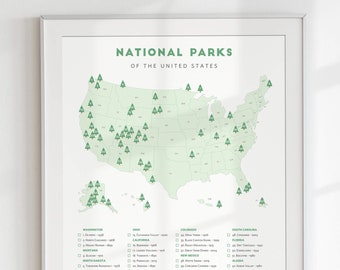 National Park Checklist Map • Minimalist National Park poster, National Parks print • nature theme wedding gift