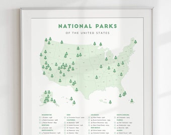 National Park Checklist Map • Minimalist National Park poster, National Parks print, National Park wedding gift, National Park bucket list