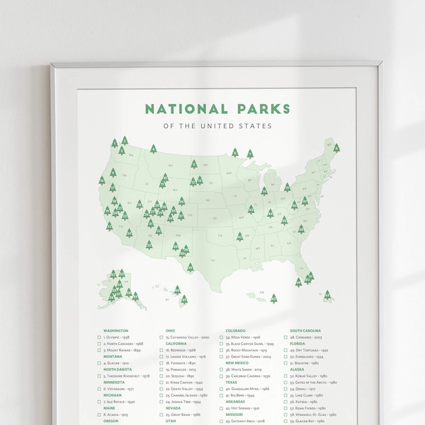 National Park Checklist Map • Minimalist National Park poster, National Parks print • nature theme wedding gift