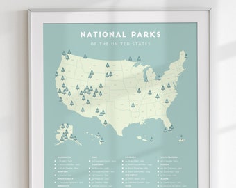 National Park Tracker • vintage national park map, retro National Park wall art, National Parks checklist poster • nature themed home decor