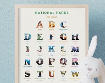 National Park nursery decor Alphabet poster • National Park baby shower gift, National Park Alphabet print • woodland themed nursery gift