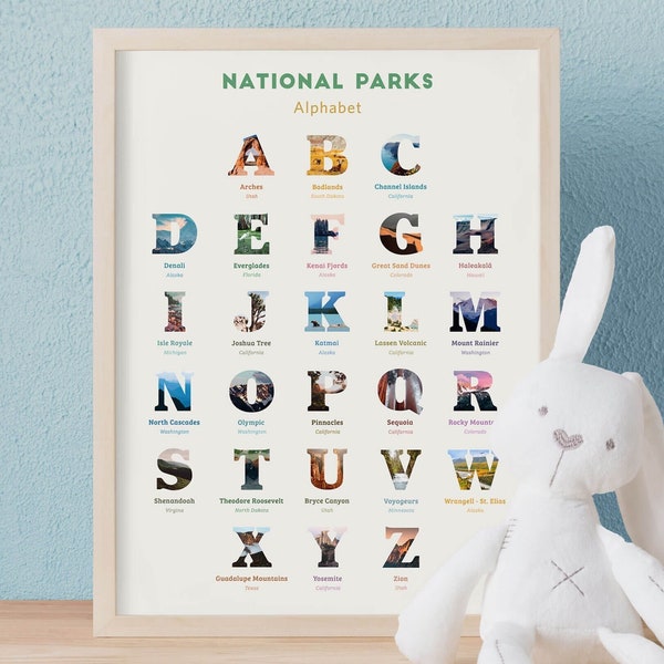 National Park nursery decor Alphabet poster • National Park baby shower gift, National Park Alphabet print • woodland themed nursery gift