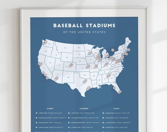 Baseball Stadiums Checklist Map (all sizes) / LA Dodgers, Chicago Cubs, Miami Marlins, NY Yankees, Seattle Mariners, Kc Royals, Ny Mets
