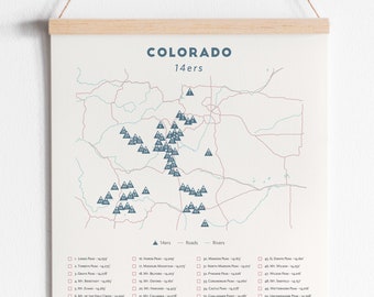 Minimalist Colorado 14ers Checklist • Colorado 14er poster, Colorado fourteeners poster, map of Colorado 14ers  • Colorado themed gift