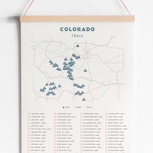 Minimalist Colorado 14ers Checklist Colorado 14er poster, Colorado fourteeners poster, map of Colorado 14ers Colorado themed gift image 1