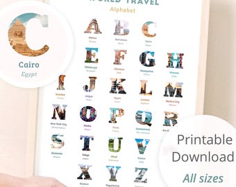 World Travel Alphabet Print, Nursery Decor (Digital Download)