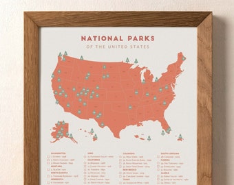 National Park Map • National Parks woodland decor, mid century modern National Parks poster, National Parks bucket list • retirement gift