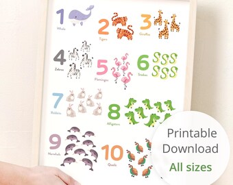 Count to 10, nursery print, animal themed room (Digital Download)