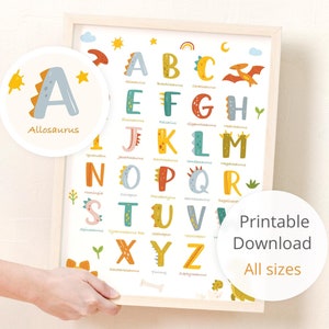 Alphabet Print, Dinosaur themed alphabet poster, 1st birthday gift, dinosaur themed playroom, playroom art, dinosaur lover gift