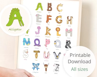Alphabet Nursery Print • Animal themed playroom, ABC Decor (Digital Download)