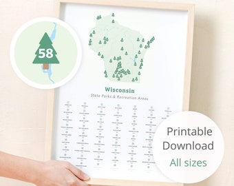Wisconsin State Parks Checklist Map download (8x10" to 24x36") / Map of Wisconsin, Wisconsin map, Wisconsin print, digital download