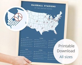 Blue MLB Baseball Stadiums Map printable download (8x10" to 24x36") / Baseball stadiums map, LA Dodgers, Chicago Cubs, Marlins, NY Yankees