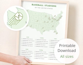 Printable Baseball Stadium Map • MLB stadium tracker, minimalist baseball stadium bucket list, modern baseball decor, baseball gift