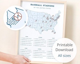 White Map of Baseball Stadiums download (8x10" to 24x36") / LA Dodger gift, Chicago Cubs gift, Seattle Mariners, Rays, Atlanta Braves