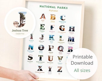 Nationalpark Alphabet Druck • Nationalpark digitaler Download, druckbare Nationalpark Kinderzimmer Dekor, Nationalpark ABC • Kinderzimmer Dekor