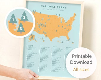 National Park Map instant download • Map of the National Parks, National Park checklist poster • push pin canvas, foam board, and more