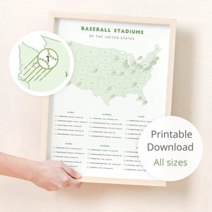 Printable Baseball Stadium Map • MLB stadium tracker, minimalist baseball stadium bucket list, modern baseball decor, baseball gift