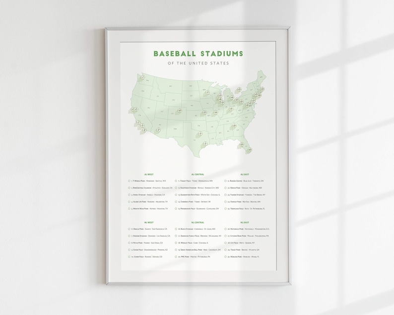 May include: A green and white map of the United States showing the locations of baseball stadiums. The map is titled "Baseball Stadiums of the United States".