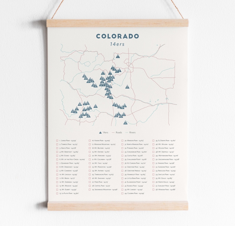 Minimalist Colorado 14ers Checklist Colorado 14er poster, Colorado fourteeners poster, map of Colorado 14ers Colorado themed gift image 1