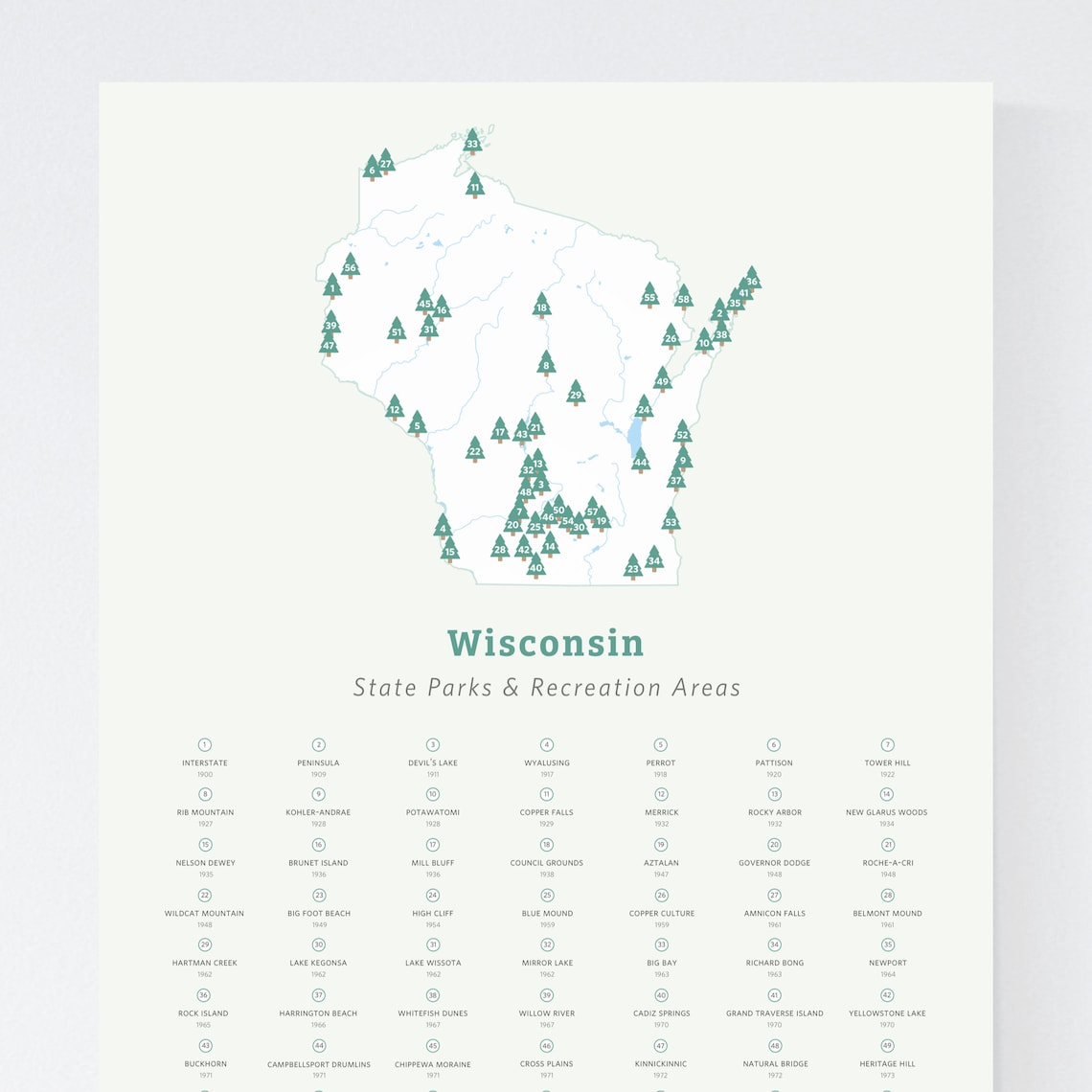 Map of Wisconsin State Parks Download 8.5x11 Print at Home / Etsy