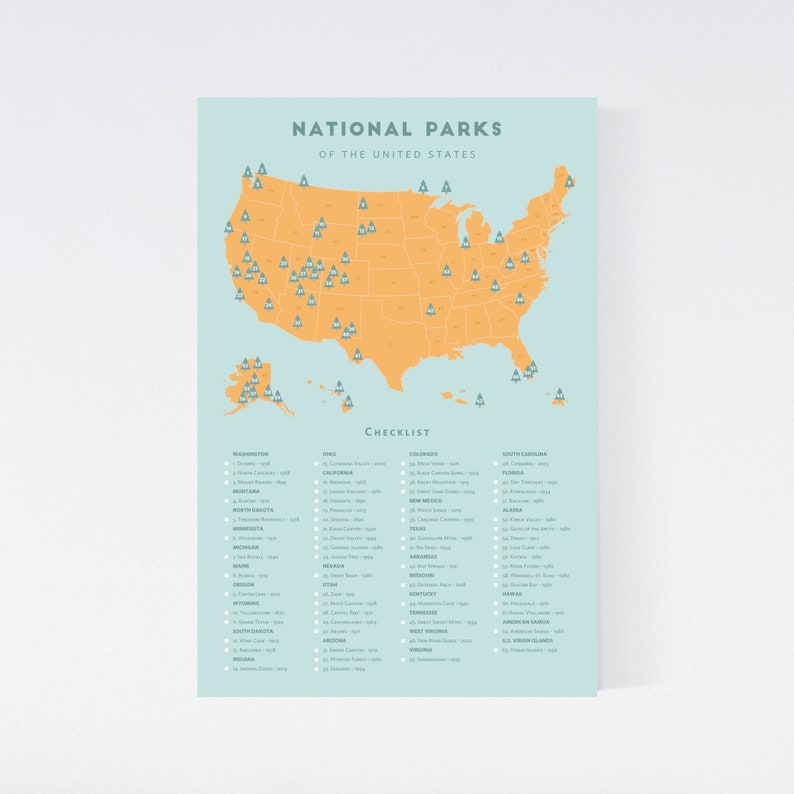 National Park Checklist Map • Minimalist National Park poster, National Parks print, National Park wedding gift, National Park bucket list Gold